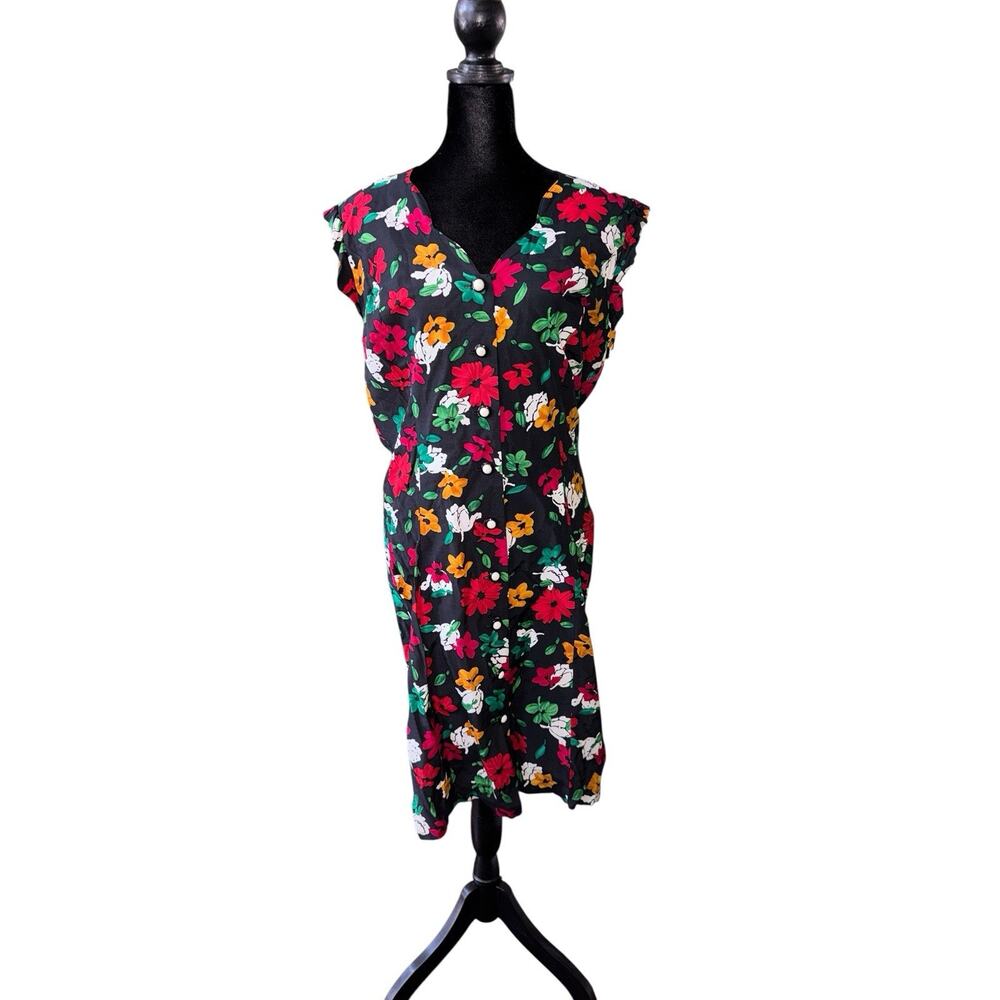 Vintage 90s All That Jazz Floral Dress Black Button‎ Front California USA Small